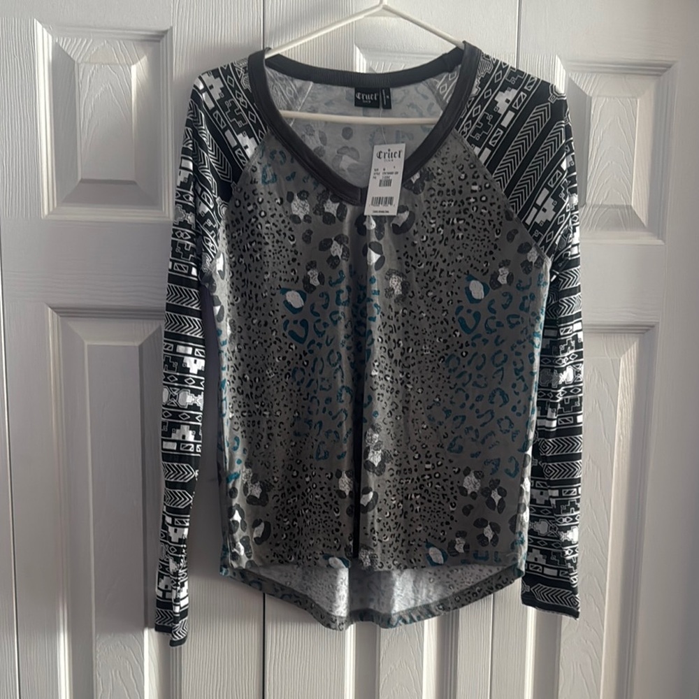 Cruel Girl Black/Blue and Gray Asymmetrical Graphic Blouse